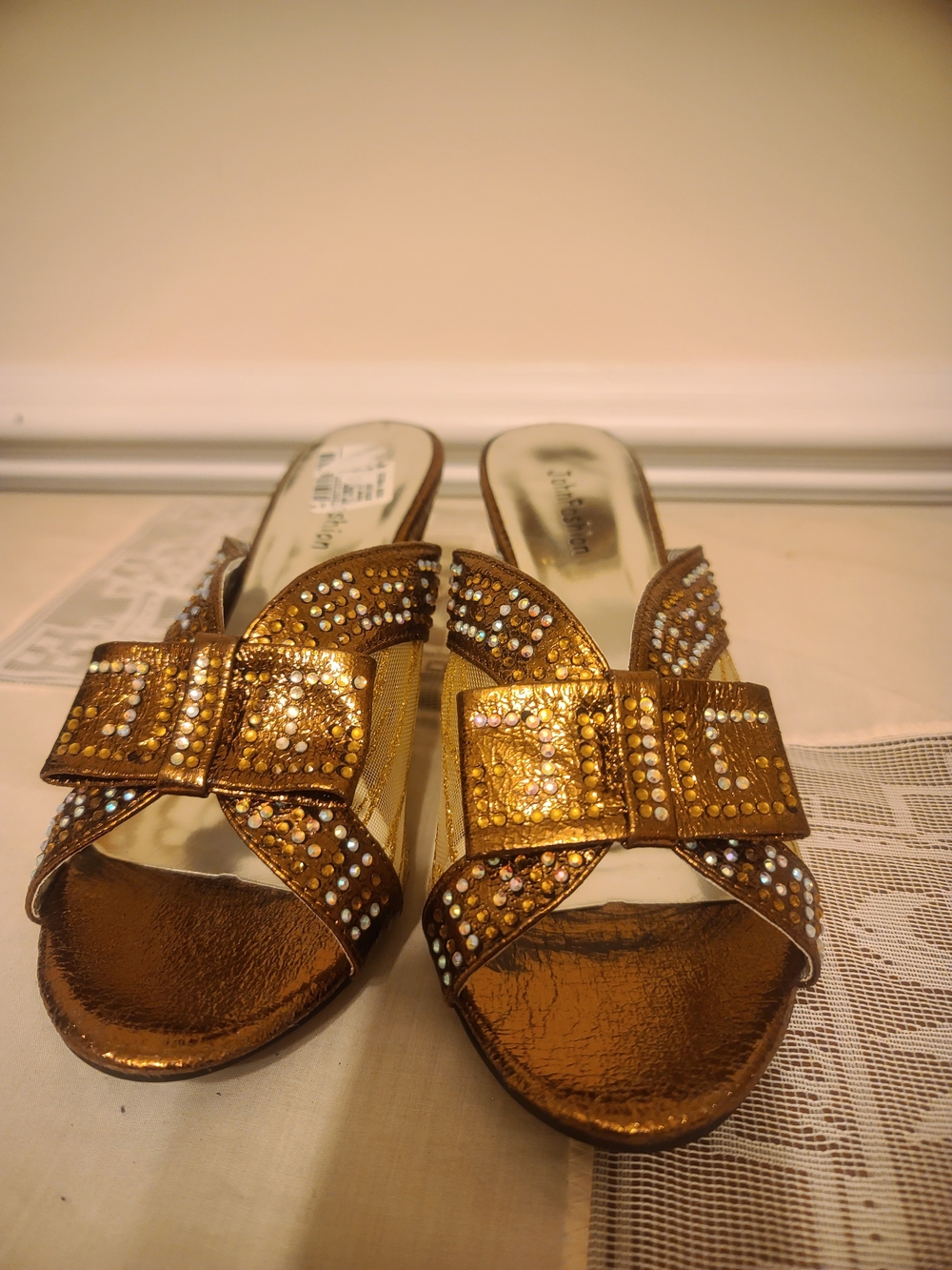 Gold Crystal Bow Slide Mules